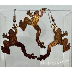 Vtg Frog Dangle Earrings Pendant Set Copper Brass Tone Lightweight Boho gift fun